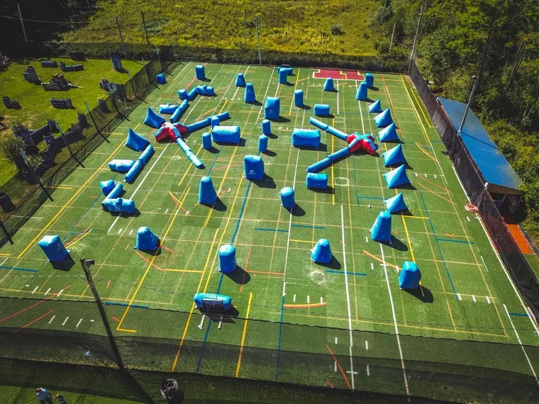 Aerial view of Birch Hill’s Speedball field with inflatable bunkers